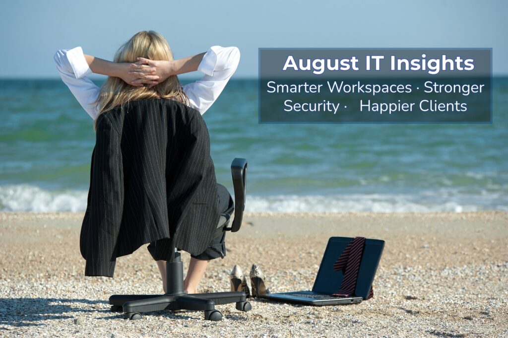 Businesswoman on a beach with a laptop and briefcase, symbolising August summer bank holiday, work-life balance, and business continuity