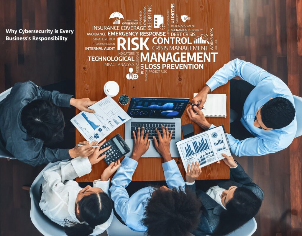 Business team joining hands over a cybersecurity concept board with keywords like protection, detection, and identity, symbolising unity and agility advantage in cyber defence