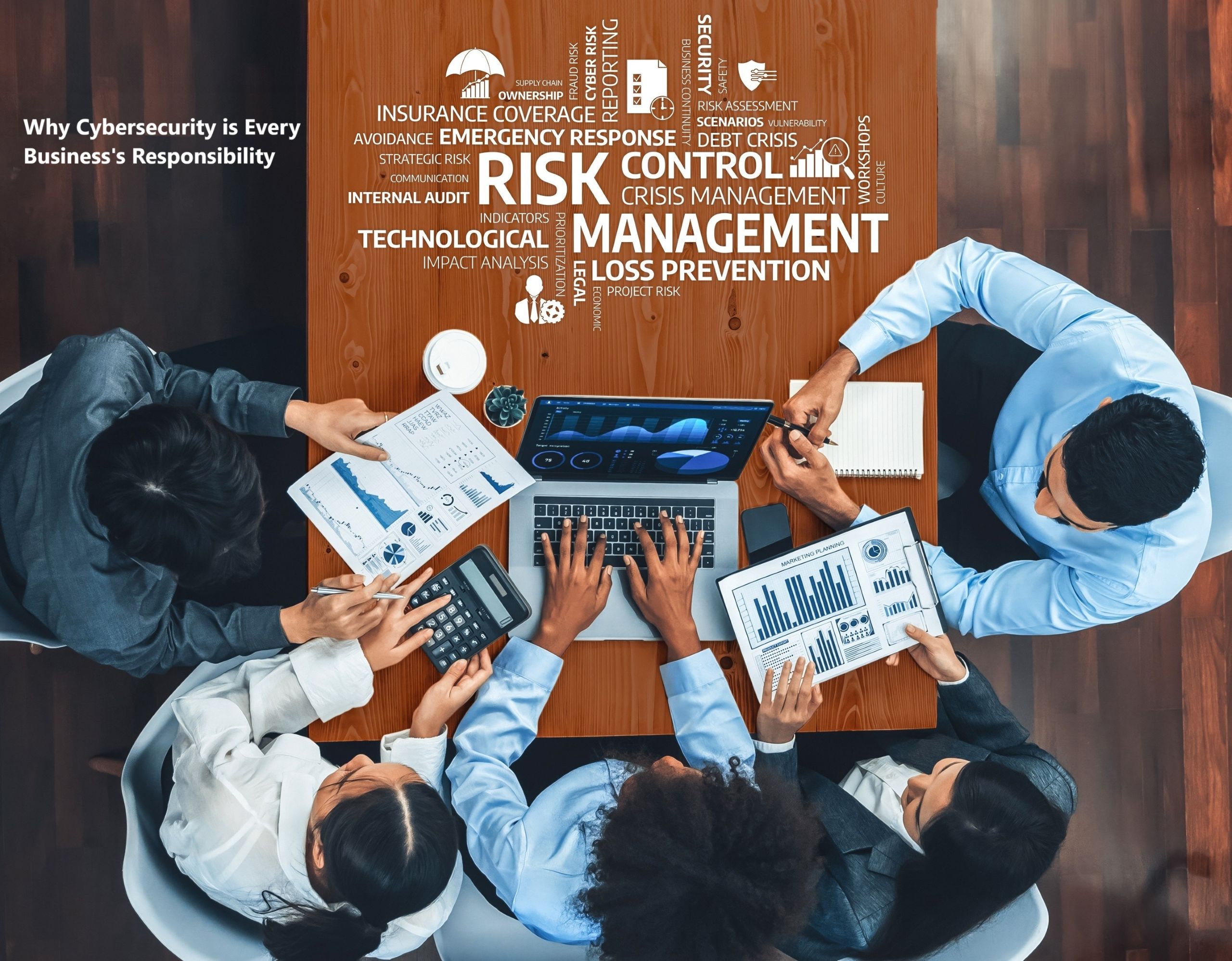Business team joining hands over a cybersecurity concept board with keywords like protection, detection, and identity, symbolising unity and agility advantage in cyber defence