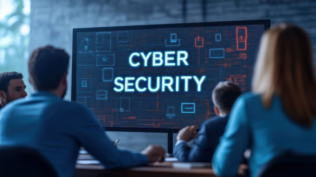 Employees watching a large screen during cyber security training - highlighting the importance of every team member in cyber defence