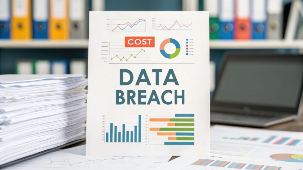 Printed data breach cost report with bar and pie charts highlighting the financial impact of cyber attacks (cyberattacks) on UK businesses England and Wales