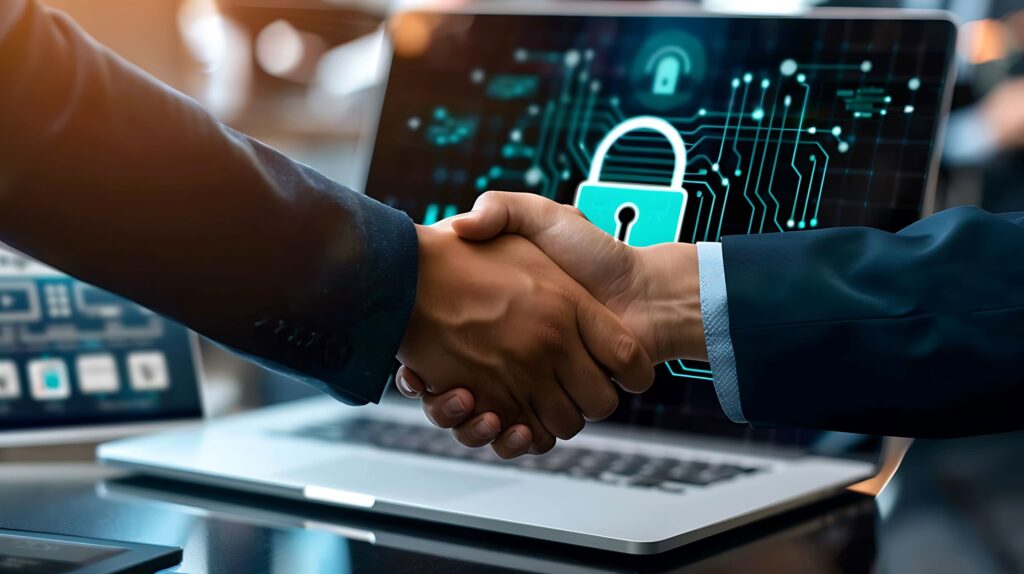 Business handshake in front of a laptop with padlock graphic - symbolising trust, agility and secure partnerships