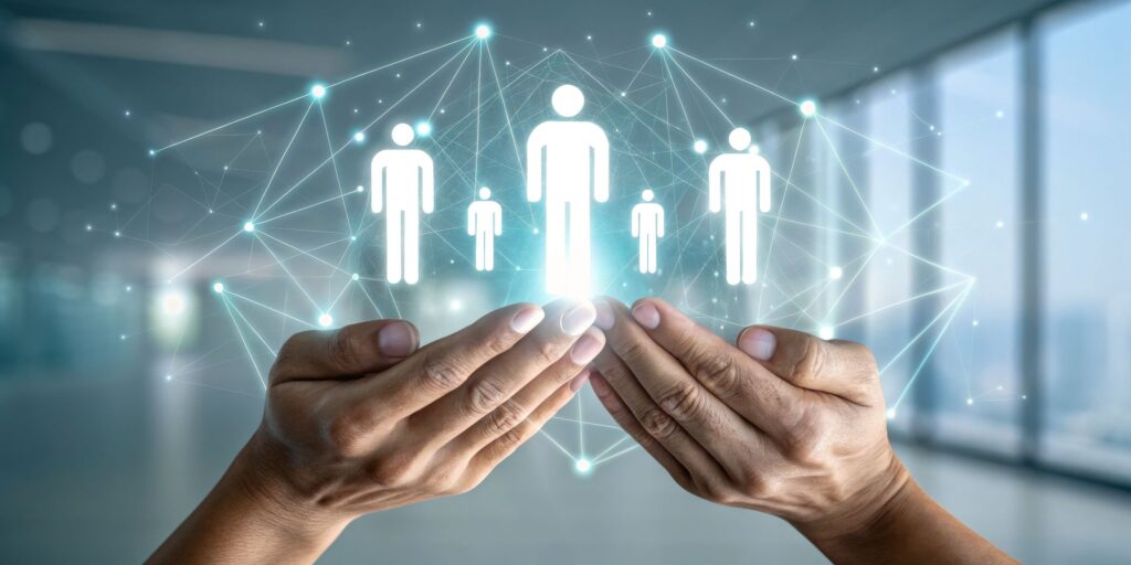 Hands protecting digital network icons of people - representing employee and workplace wellbeing and safeguarding teams with the right IT partner