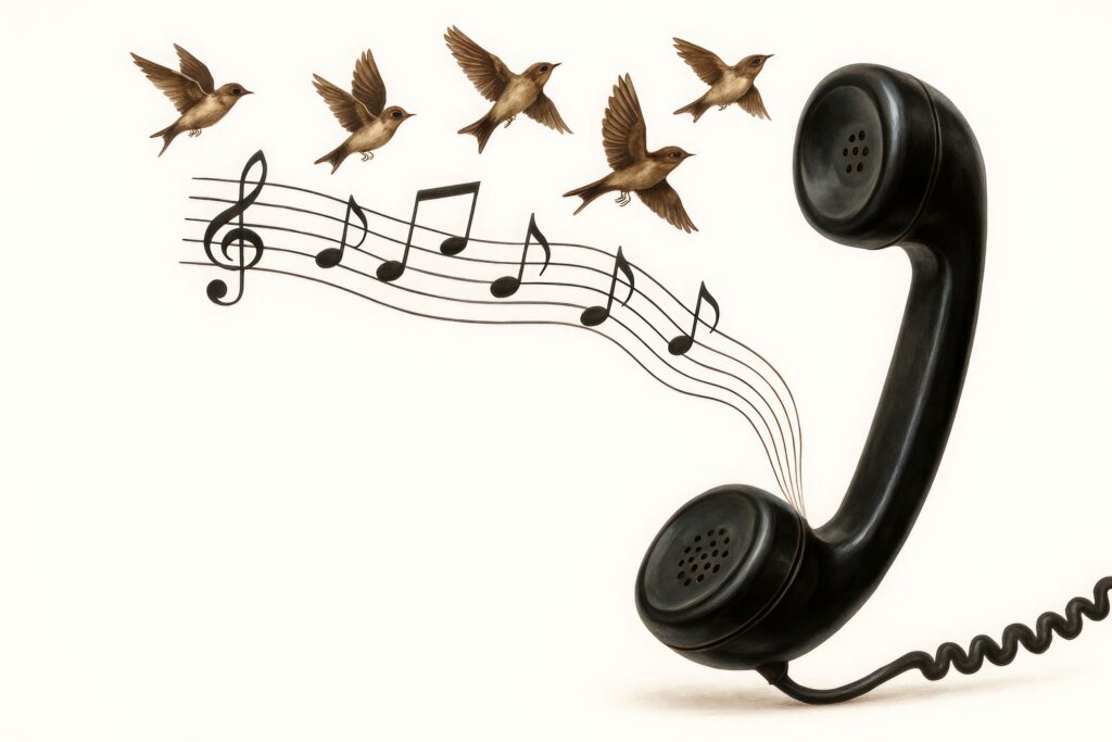 Illustration of a phone with musical notes and birds representing updated hold music at BCC IT.