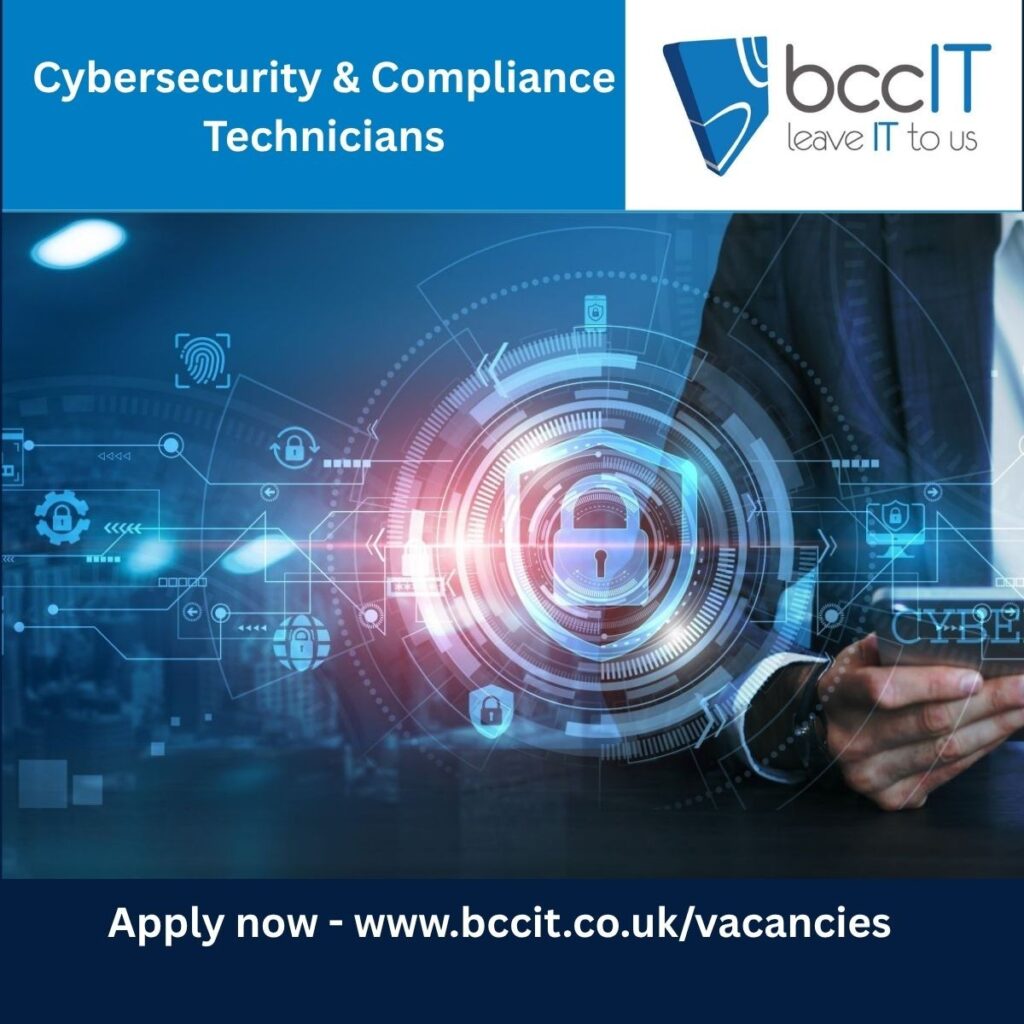 Digital themed recruitment banner for BCC IT showing a person in a business suit holding a tablet in front of glowing network graphics, advertising the Cybersecurity & Compliance Technician role.