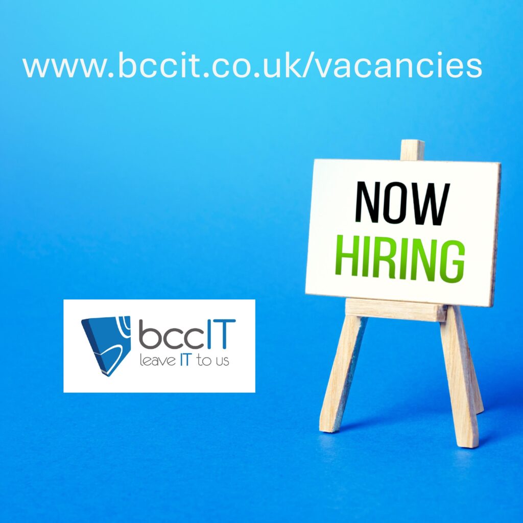 Bright blue BCC IT recruitment graphic with the words "Now Hiring" and website link www.bccit.co.uk/vacancies