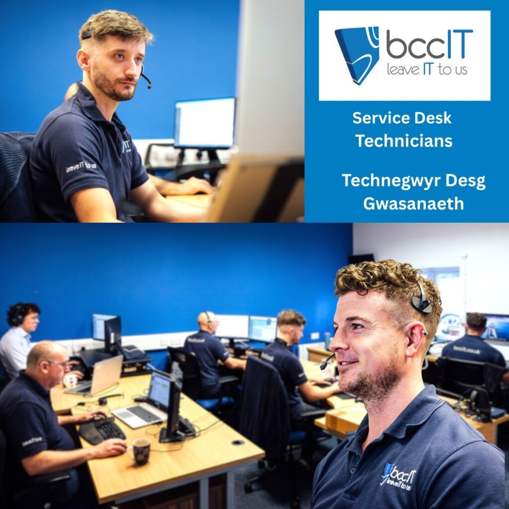 Photo of BCC IT's service desk team at work in the office, overlaid with bilingual text "Service Desk Technicians / Technegwyr Desg Gwasanaeth."