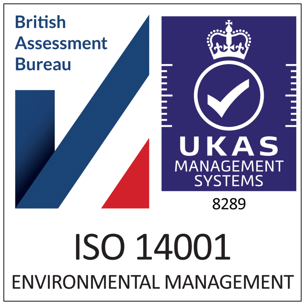 ISO 14001 Environmental Management certification badge showing the British Assessment Bureau logo alongside the UKAS Management Systems tick and crown mark.