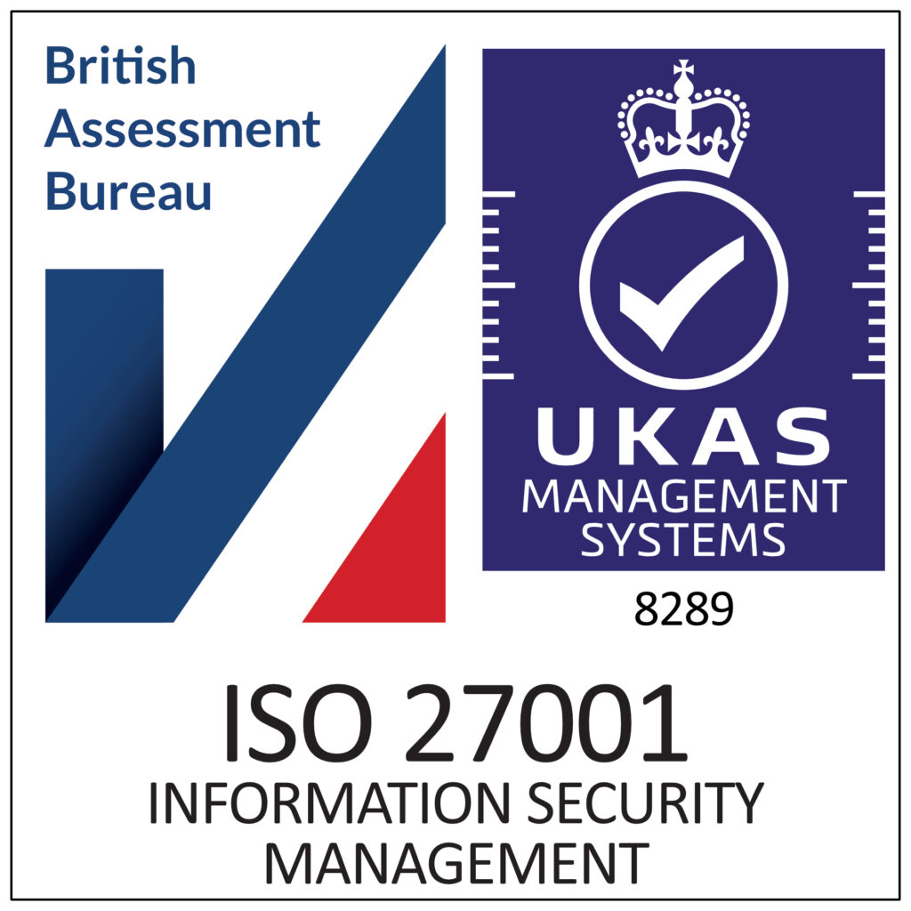 ISO 27001 Information Security Management certification badge showing the British Assessment Bureau logo alongside the UKAS Management Systems tick and crown mark.