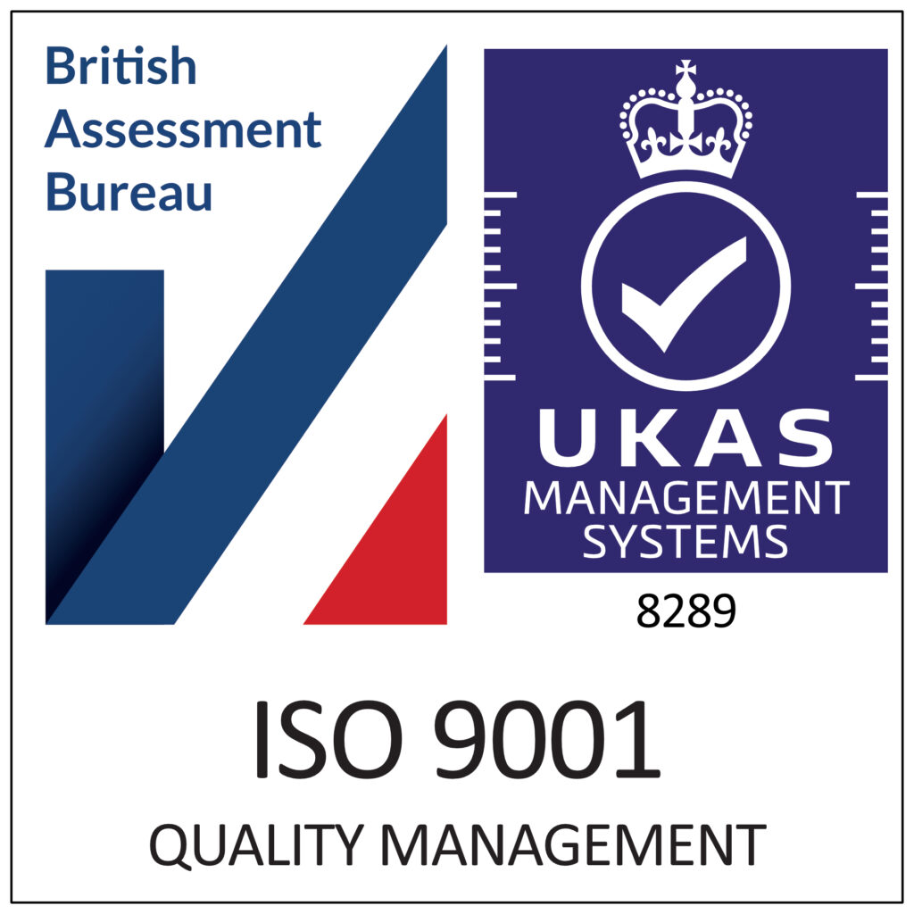 ISO 9001 Quality Management certification badge showing the British Assessment Bureau logo alongside the UKAS Management Systems tick and crown mark.