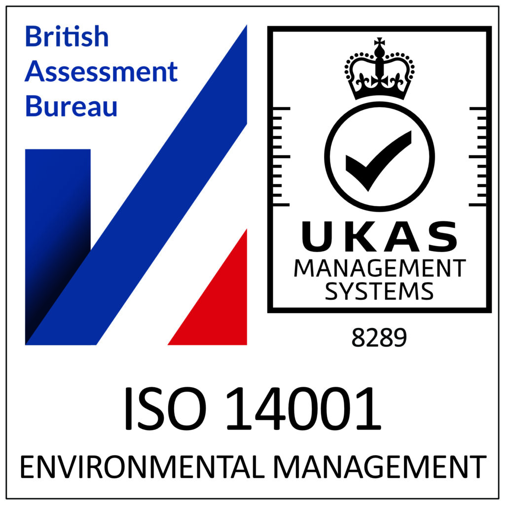 ISO 14001 Environmental Management certification badge showing the British Assessment Bureau logo alongside the UKAS Management Systems tick and crown mark.