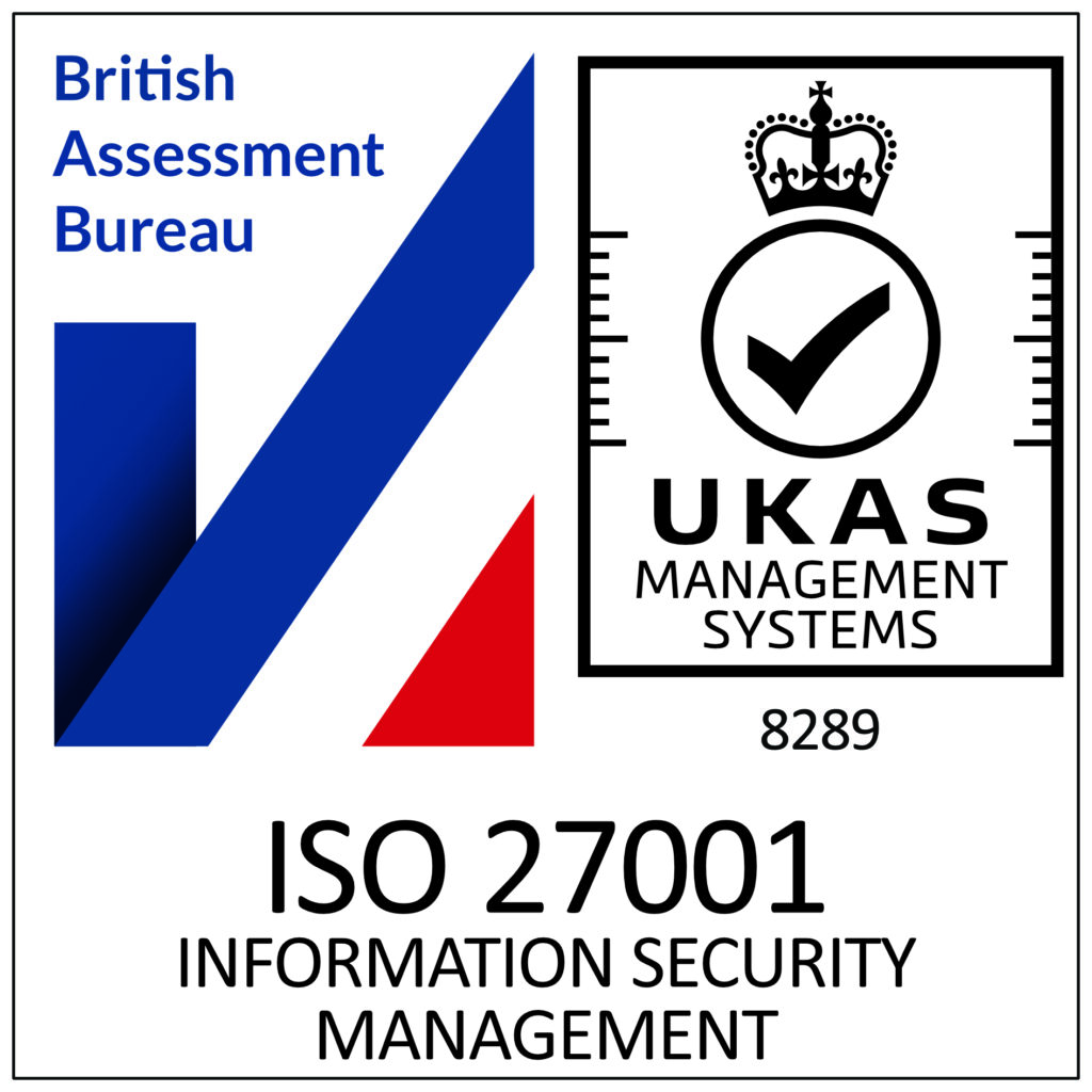 ISO 27001 Information Security Management certification badge showing the British Assessment Bureau logo alongside the UKAS Management Systems tick and crown mark.