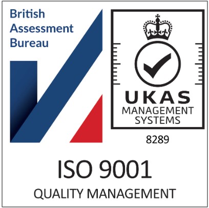 ISO 9001 Quality Management certification badge showing the British Assessment Bureau logo alongside the UKAS Management Systems tick and crown mark.