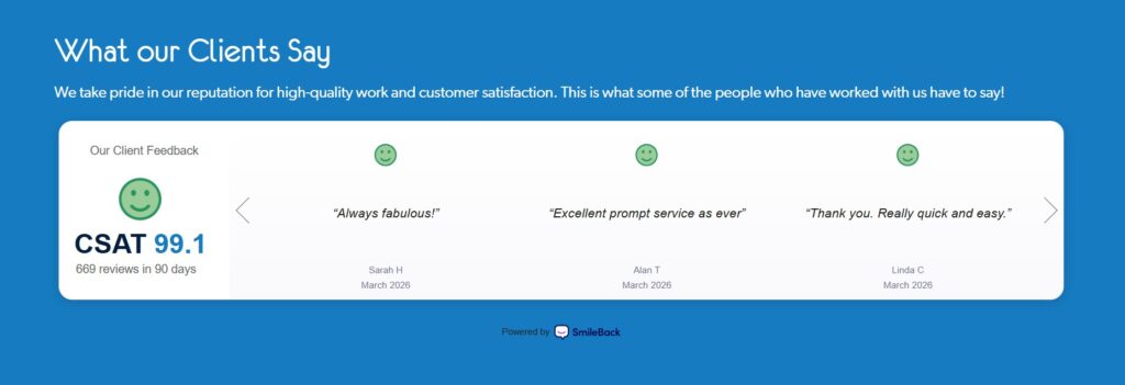 BCC IT Smileback customer feedback and CSAT score showing high client satisfaction and sevice quality in England and throughout Wales