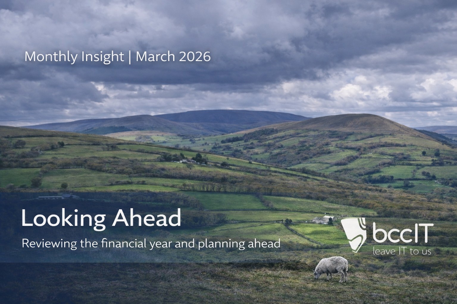 Welsh countryside landscape with sheep overlooking rolling hills, representing IT support in Wales and financial year review and planning ahead