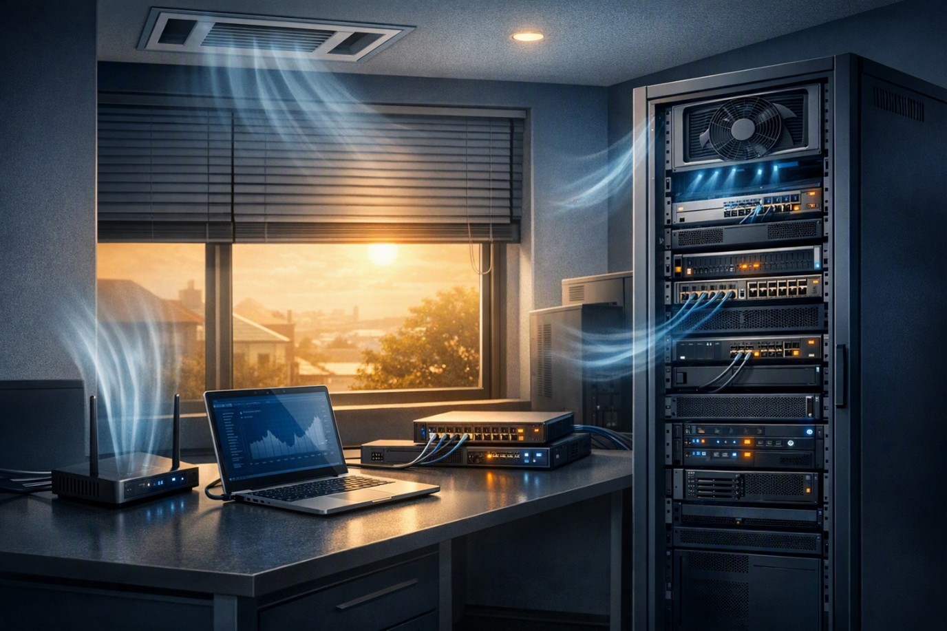 Office IT equipment and business technology affected by extreme heat, highlighting risks to systems, servers, and workplace productivity