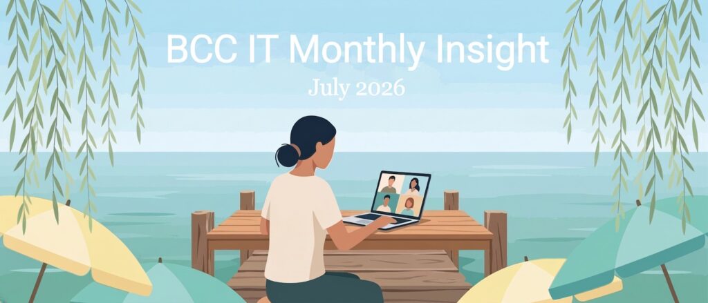 Illustration of a person working remotely by the sea during summer, representing teamwork, business continuity and flexible working