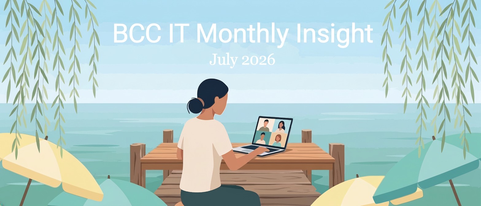 Illustration of a person working remotely by the sea during summer, representing teamwork, business continuity and flexible working