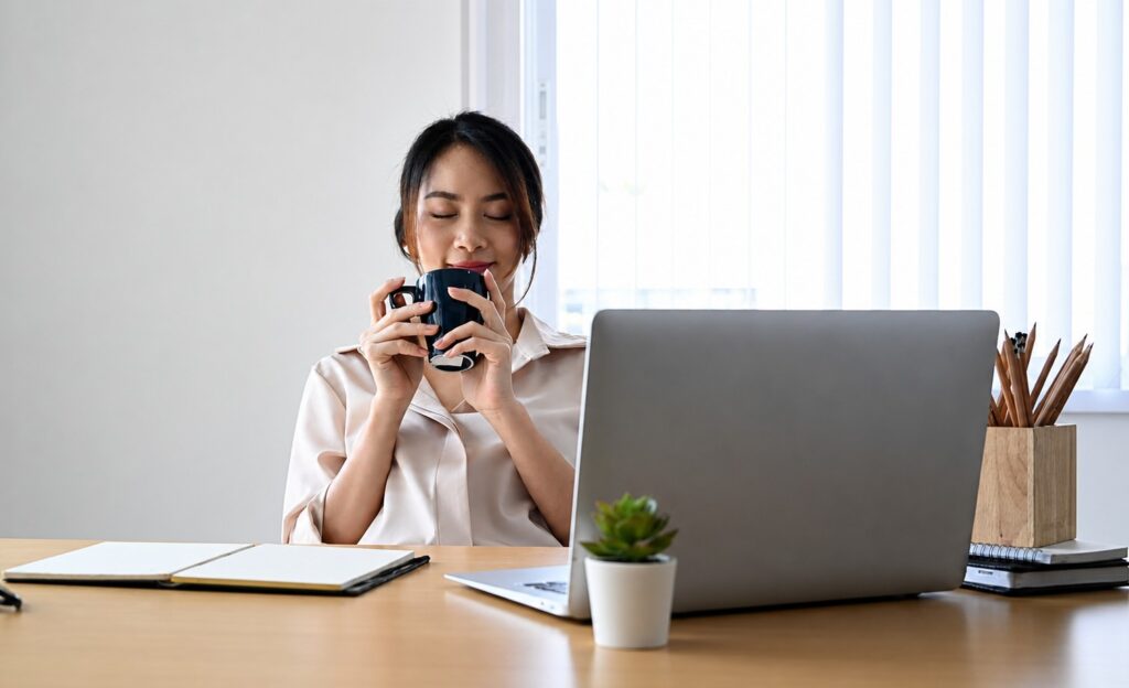 a relaxed office worker taking a short break at laptop, representing annual leave planning and business continuity during annual leave to reduce disruption during annual leave and holiday handovers