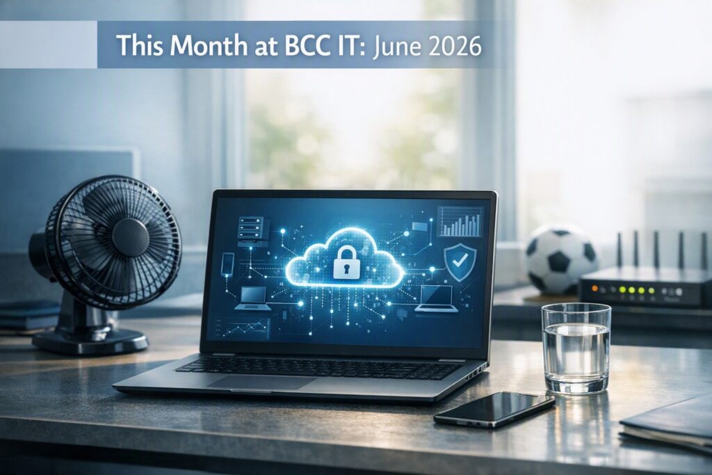 Laptop, desk fan, glass of water and football in a summer office setting, reflecting BCC IT’s June 2026 focus on summer IT support, business continuity, secure cloud working and keeping technology cool.