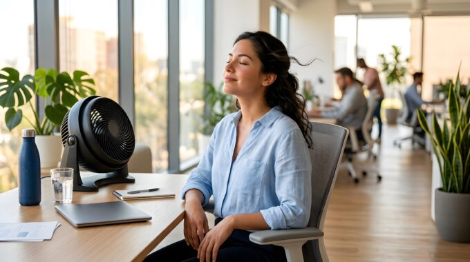 Employee enjoying a cooling fan and a calm, modern office environment, illustrating annual leave planning and business continuity