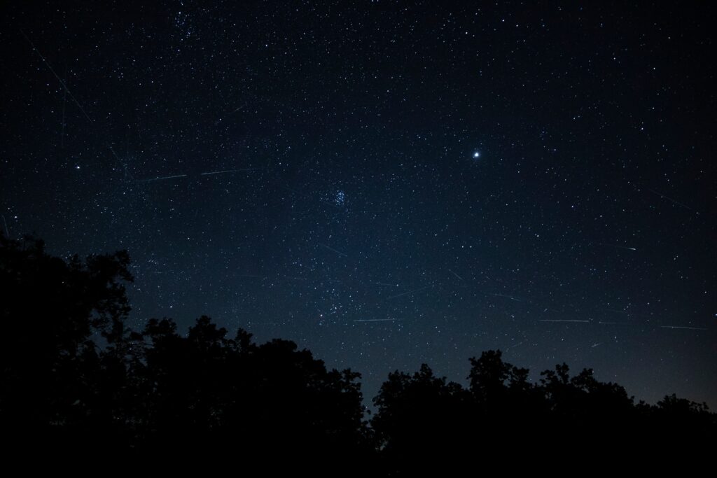 Perseid meteor shower during the august 2026 meteor shower, used in BCC IT's August Monthly Insight, "Looking Up".