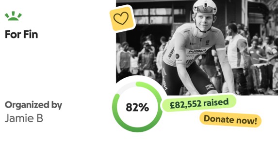 GoFundMe memorial fundraiser for Finlay Tarling, showing Fin in cycling kit and the campaign progress and link.